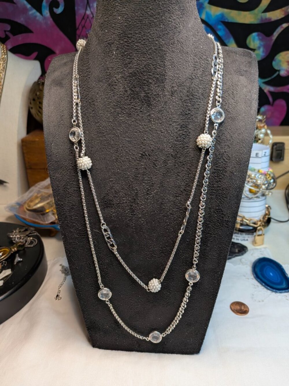 White House Black Market Double‑Strand Crystal Station Necklace
